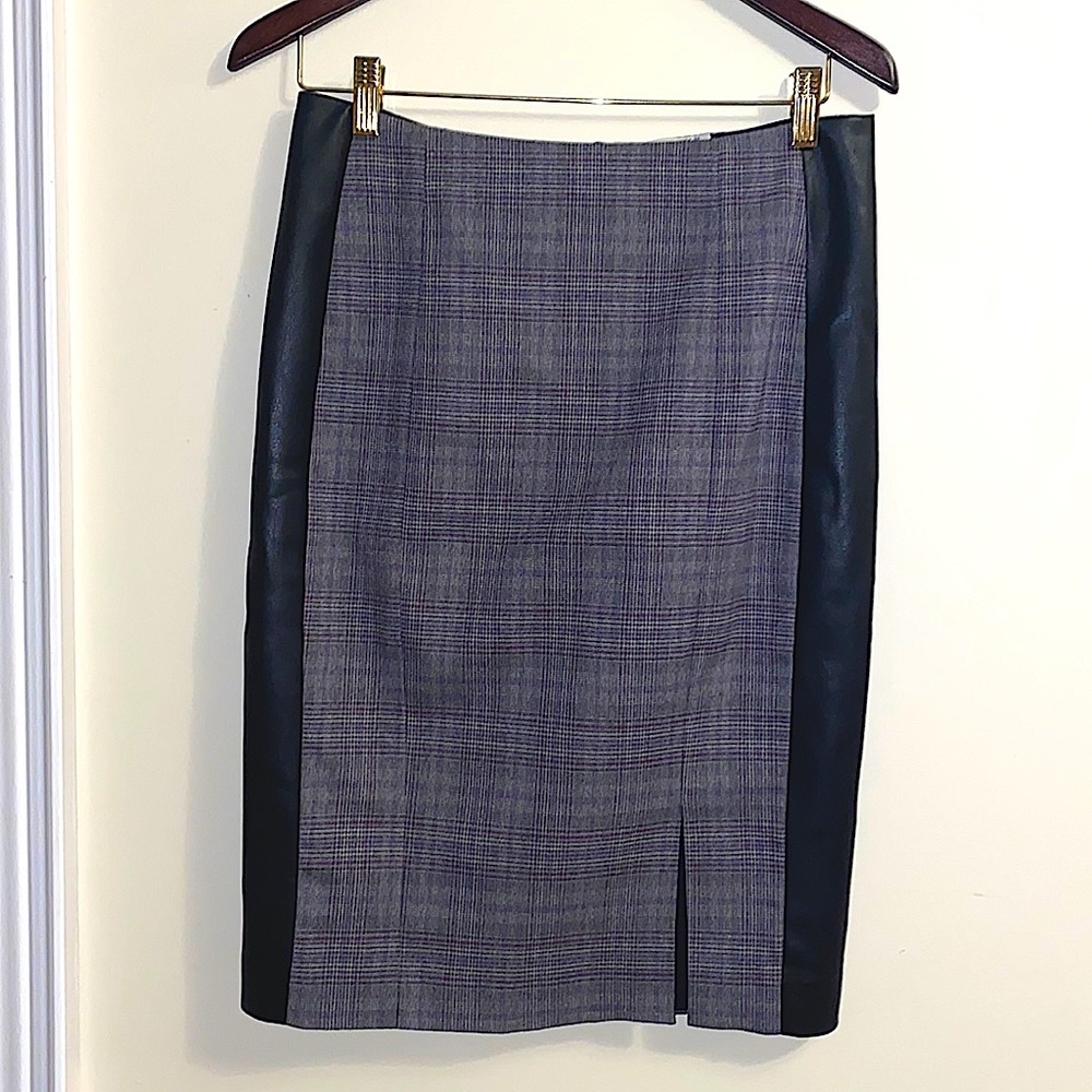 Dex  formal plaid skirt with faux leather sides stripes. Perfect  for work